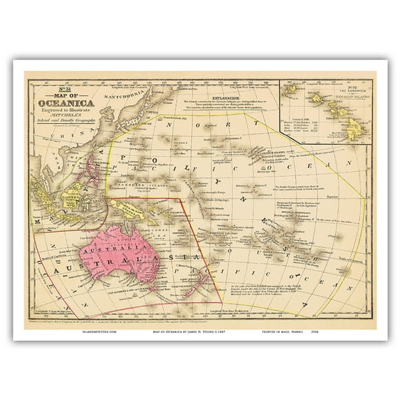 Oceanica - Australia, Hawaii, Pacific Islands - Vintage Map by James H. Young c.1847 - Master Art Print (Unframed) 9in x 12in