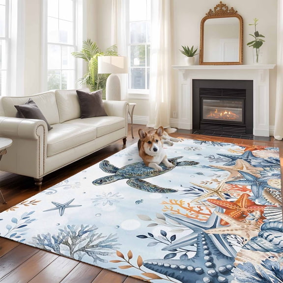 Oceans 5x8 Rug for Bedroom Under Queen Bed Placement, Coastal Orange Blue Sea Turtles Starfish Retro Ombre Washable Non Slip Large Rectangle Area Rug