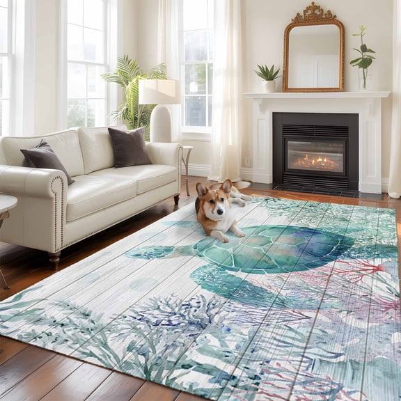Oceans Animal Large Area Rugs 5x8 ft Summer Green Sea Turtle Coral Seagrass Linen Texture Washable Rug Non Slip Indoor Carpet Absorbent Floor Mat for Living Room Bedroom Dining Room