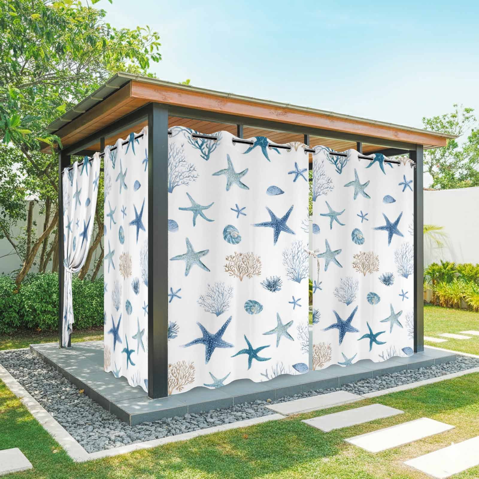 Oceans Animal Outdoor Curtains for Patio, Summer Blue Starfish Seanut Coral Seagrass Sunshade Privacy Drapes Grommet Waterproof Outside Curtains for Porch/Cabana/Balcony 54"x 108", 1 Panel