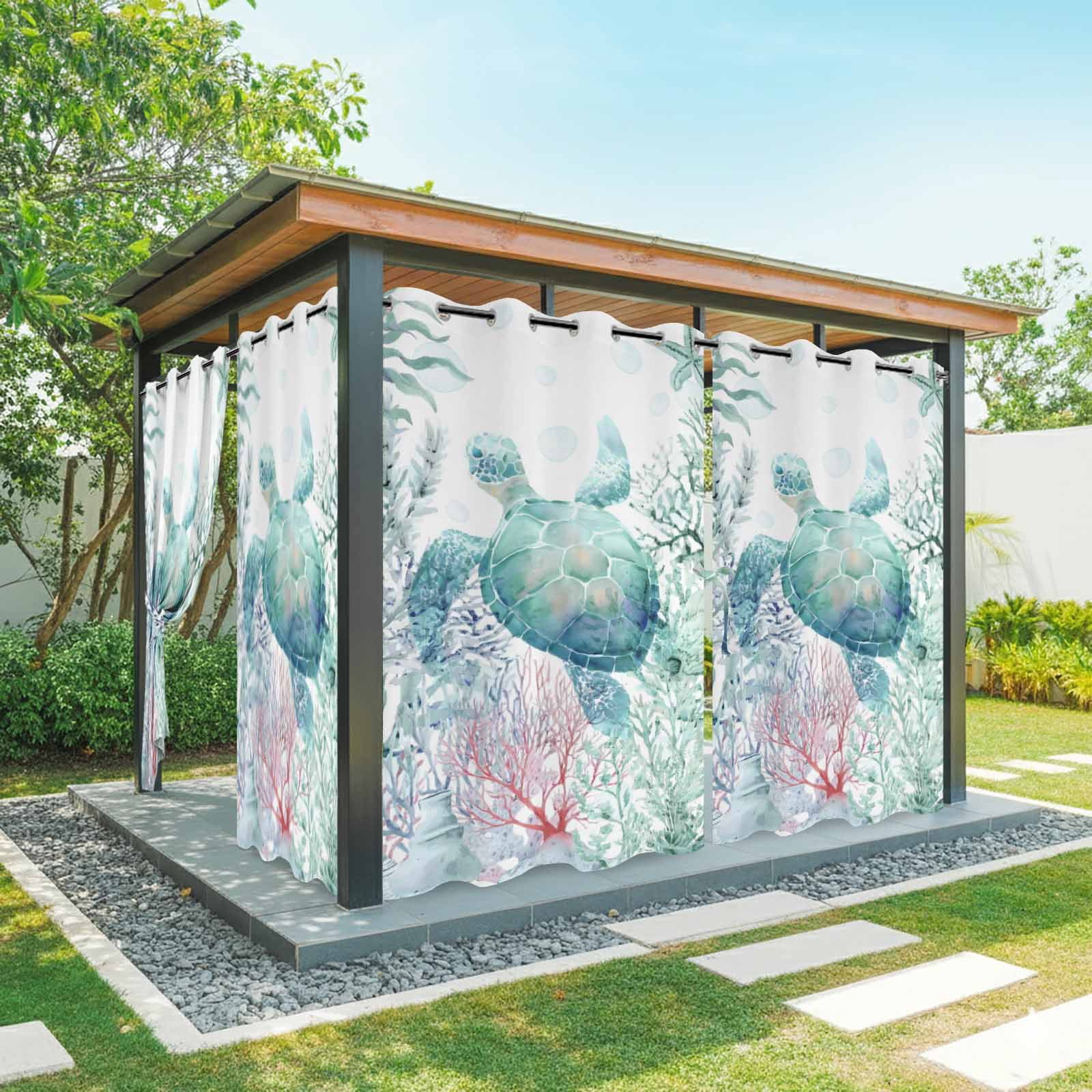 Oceans Animal Outdoor Curtains for Patio, Summer Green Sea Turtle Coral Seagrass Sunshade Privacy Drapes Grommet Waterproof Outside Curtains for Porch/Cabana/Balcony 54"x 108", 1 Panel