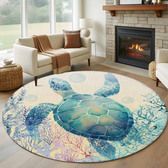 Oceans Animal Round Rugs for Living Room 7ft Summer Blue Sea Turtle Coral Seagrass Linen Texture Non Slip Circle Rug Washable Low-Profile Indoor Carpet for Bedroom, Dining Room, Bathroom