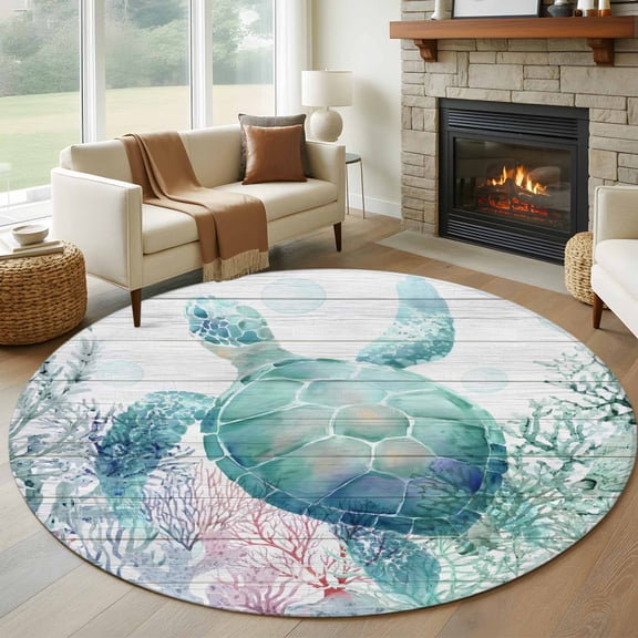 Oceans Animal Round Rugs for Living Room 7ft Summer Green Sea Turtle Coral Seagrass Linen Texture Non Slip Circle Rug Washable Low-Profile Indoor Carpet for Bedroom, Dining Room, Bathroom