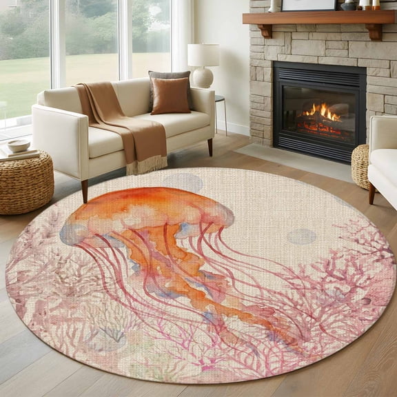 Oceans Animal Round Rugs for Living Room 7ft Summer Orange Jellyfish Red Coral Seagrass Linen Texture Non Slip Circle Rug Washable Low-Profile Indoor Carpet for Bedroom, Dining Room, Bathroom