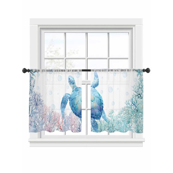 Oceans Animal Sheer Curtains 45 Inch Long 2 Panels, Summer Blue Sea Turtle Coral Seagrass Bubble Light Filtering Rod Pocket Curtains, Sheer Voile Drapes for Living Room Bedroom, 52"x45"