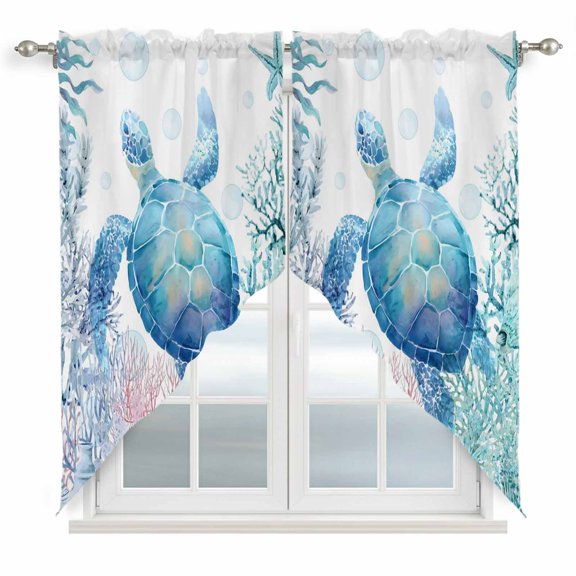 Oceans Animal Swag Curtain Valance for Window 2 Panels Summer Blue Sea Turtle Coral Seagrass Bubble Rod Pocket Small Window Swag Valances for Kitchen Bedroom Bathroom 28" W x 36" L