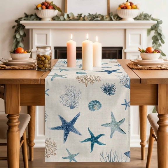 Oceans Animal Table Runner, Summer Blue Starfish Seanut Coral Seagrass Linen Texture Cotton Linen Kitchen Table Decoration Washable Dining Tabletop Runners for Home Party Decor 13x36 Inches