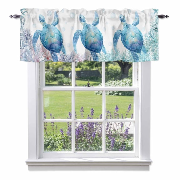 Oceans Animal Valances for Windows Summer Blue Sea Turtle Coral Seagrass Bubble Rod Pocket Cafe Window Treatments Valance Curtains for Kitchen Bathroom Laundry Basement Windows 42"x12"