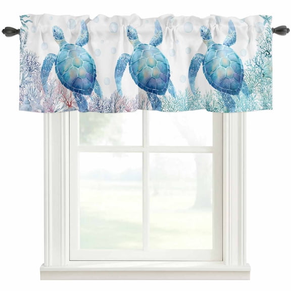 Oceans Animal Valances for Windows Summer Blue Sea Turtle Coral Seagrass Bubble Rod Pocket Curtain Valance Window Treatment Short Curtains for Kitchen Living Room, 42"x12"