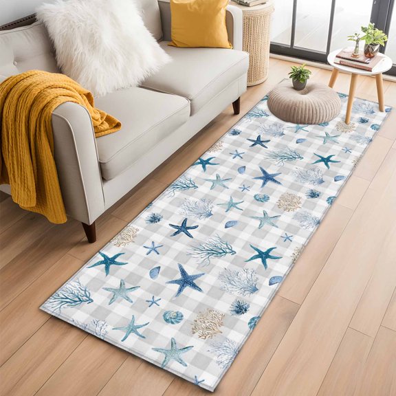 Oceans Animal Washable Runner Rugs 2'x6', Summer Blue Starfish Seanut Coral Seagrass Gray Plaid Low Pile Throw Entryway Rug Non-Slip Sturdy Edge Binding Carpet for Indoor Bedside Entrance Bedside