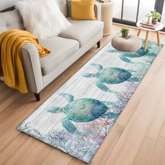 Oceans Animal Washable Runner Rugs 2'x6', Summer Green Sea Turtle Coral Seagrass Linen Texture Low Pile Throw Entryway Rug Non-Slip Sturdy Edge Binding Carpet for Indoor Bedside Entrance Bedside