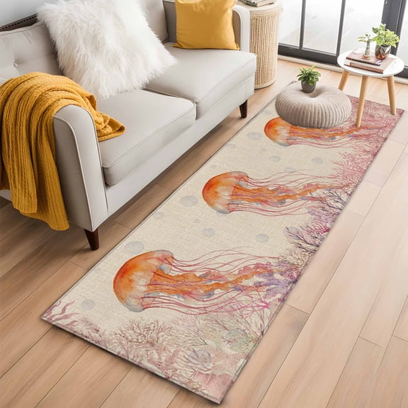 Oceans Animal Washable Runner Rugs 2'x6', Summer Orange Jellyfish Red Coral Seagrass Linen Texture Low Pile Throw Entryway Rug Non-Slip Sturdy Edge Binding Carpet for Indoor Bedside Entrance Bedside
