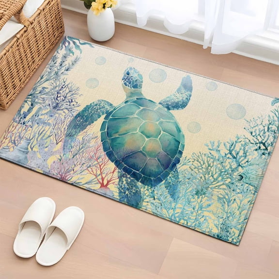 Oceans Animal Washable Small Entryway Area Rugs 2'x3', Summer Blue Sea Turtle Coral Seagrass Linen Texture Low Pile Throw Rug Non-Slip Sturdy Edge Binding Carpet for Front Door Floor Room Entry