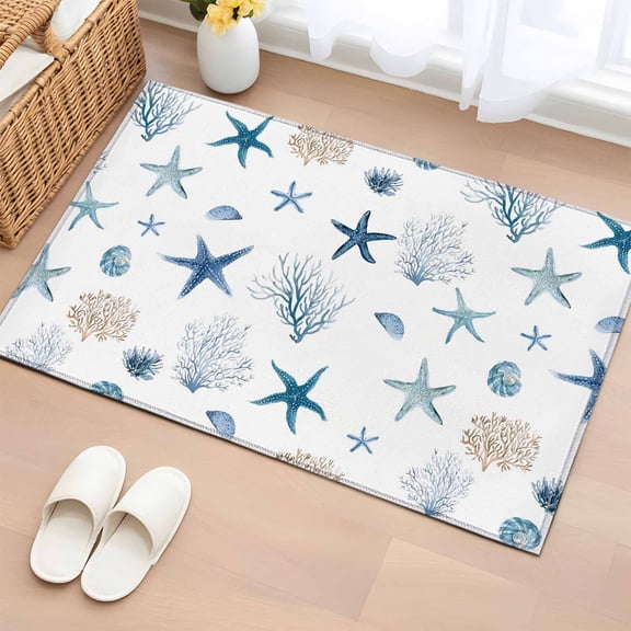 Oceans Animal Washable Small Entryway Area Rugs 2'x3', Summer Blue Starfish Seanut Coral Seagrass Low Pile Throw Rug Non-Slip Sturdy Edge Binding Carpet for Front Door Floor Room Entry