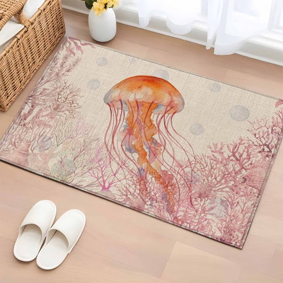 Oceans Animal Washable Small Entryway Area Rugs 2'x3', Summer Orange Jellyfish Red Coral Seagrass Linen Texture Low Pile Throw Rug Non-Slip Sturdy Edge Binding Carpet for Front Door Floor Room Entry