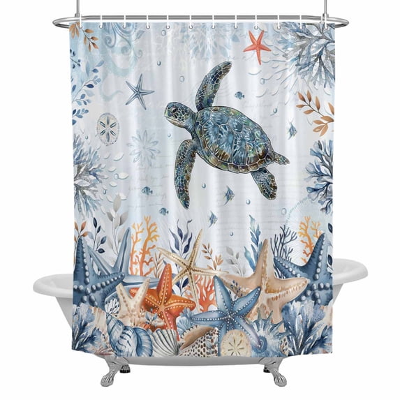 Oceans Bathroom Shower Curtain, Coastal Orange Blue Sea Turtles Starfish Coral Gradient Waterproof Washable Soft Bath Curtain for Bathtub Decor with 12 Hooks&Grommet, 48x72 Inch