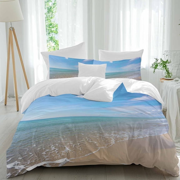 Oceans Beach Queen Size Comforter Set, Blue Sky Summer Landscape Nature Coastal Bedding for All Seasons, 4 Pcs Bed Set, 1Quiltcover (90"x92") ,1Sheet(94"x116"), 2Pillowcases (30"x20")