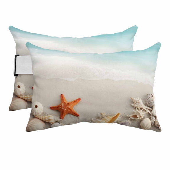 Oceans Beach Sea Shell Starfish Outdoor Pillow for Chaise Lounge Chair,Summer Marine Theme Waterproof Headrest Lumbar Pillows with Insert&Elastic Strap for Patio Pool Garden Chairs Decor,2 Pack