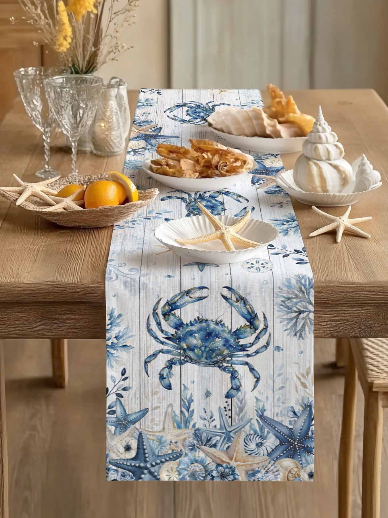 Oceans Crabs Shellfish Fish Table Runner 13x70in Non-Slip Cotton Linen ...