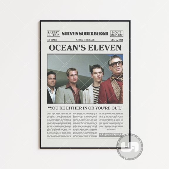 Oceans Eleven Steven Soderbergh Retro Newspaper Movie Poster, Black White Wall Art Print