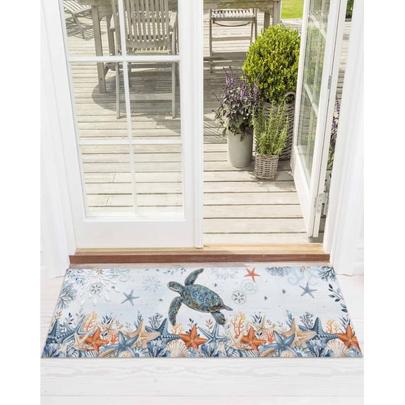 Oceans Front Door Mat Coastal Orange Blue Sea Turtles Starfish Coral Gradient Welcome Doormat Indoor Outdoor Entrance Floor Mat Non-Slip Washable Runner Rug for Front Porch Decor 20x63 Inch