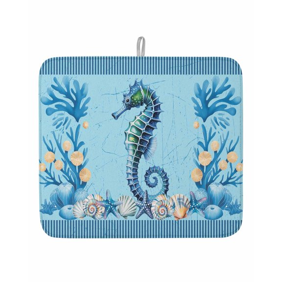 Oceans Helmets Sea Stars Dish Drying Mats for Kitchen Counter,Absorbent Microfiber Dish Drainer Rack Mat Shells Blue Striped Drying Pad for Sinks,Utensils,Countertops,16x18in