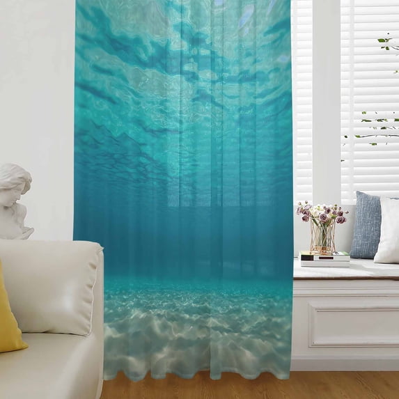 Oceans Landscape Semi Sheer Curtains Drapes for Living Room, Bedroom, French Doors Window 72 Inches Long, Summer Beach Nautical Waves Modern Rod Pocket Chiffon Curtain Drapery Voile Draperies Panel