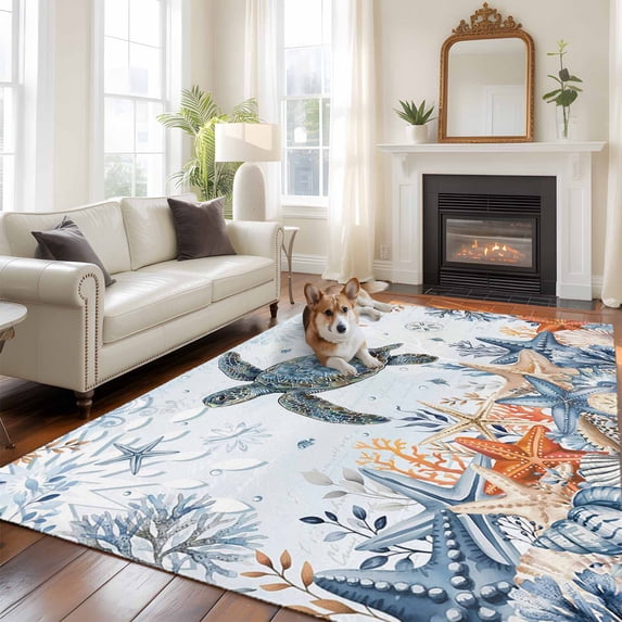 Oceans Large Area Rugs 8x10 ft Coastal Orange Blue Sea Turtles Starfish Coral Gradient Washable Rug Non Slip Indoor Carpet Absorbent Floor Mat for Living Room Bedroom Dining Room