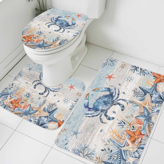 Oceans Marine Life Bathroom Rugs Set Coastal Orange Blue Crabs Starfish Retro Wood Non Slip Absorbent Soft Bath Mats 3 Piece Set with Bathroom Rug, U-Shaped Floor Mat, Toilet Seat Cover Small Size