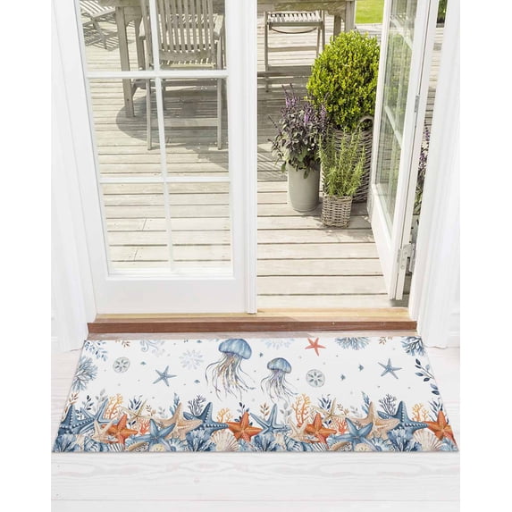 Oceans Marine Life Front Door Mat Orange Jellyfish Blue Starfish Underwater Welcome Doormat Indoor Outdoor Entrance Floor Mat Non-Slip Washable Runner Rug for Front Porch Decor 18x60 Inch
