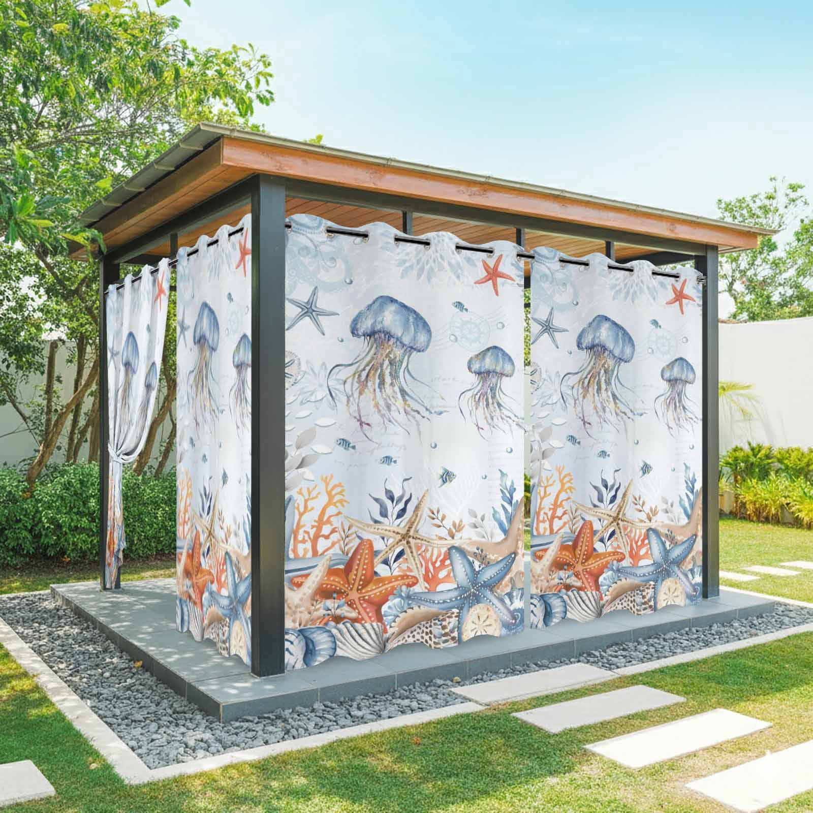 Oceans Marine Life Outdoor Curtains for Patio, Orange Blue Gradient Jellyfish Starfish Sunshade Privacy Drapes Grommet Waterproof Outside Curtains for Porch/Cabana/Balcony 54"x 108", 1 Panel