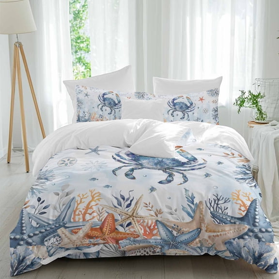 Oceans Marine Life Queen Size Comforter Set, Coastal Orange Blue Crabs Starfish Ombre Bedding for All Seasons, 4 Pcs Bed Set, 1Quiltcover (90"x92") ,1Sheet(94"x116"), 2Pillowcases (30"x20")