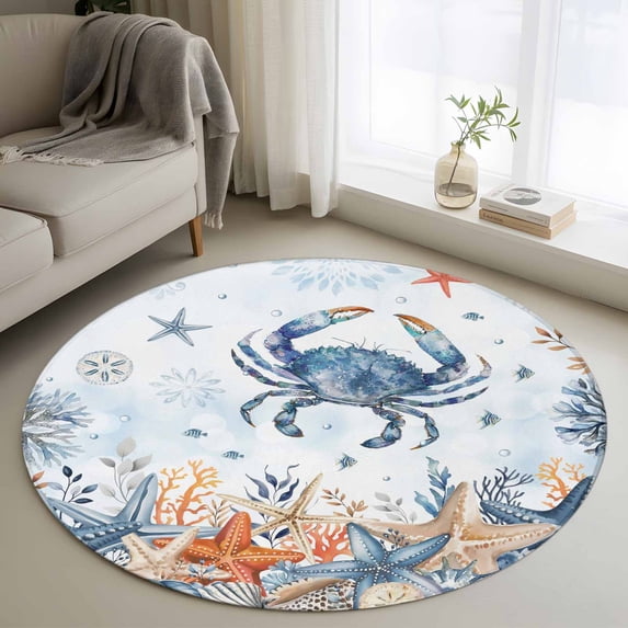 Oceans Marine Life Round Living Room Rugs 3.3 ft, Coastal Orange Blue Crabs Starfish Ombre Washable Area Rug with Non-Slip Sturdy Edge Binding Round Front Door Mat Floor Carpet for Entryway