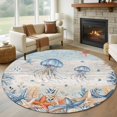 thumbnail image 1 of Oceans Marine Life Round Living Room Rugs 8 ft, Orange Blue Jellyfish Starfish Retro Wooden Washable Large Area Rug with Non-Slip Sturdy Edge Binding Round Carpet for Dining Room Kitchen Office, 1 of 9