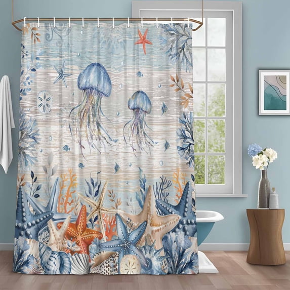 Oceans Marine Life Shower Curtains for Bathroom, Orange Blue Jellyfish Starfish Retro Wooden Washable Fabric Shower Curtain with Hooks Waterproof Bathroom Decor Sets, 72 x 84 Inches