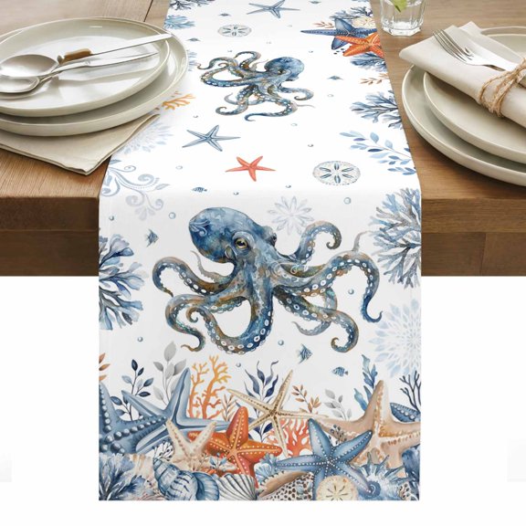 Oceans Marine Life Table Runner Orange Blue Octopus Starfish Undersea World Table Runners Dresser Scarves Holiday Kitchen Dining Table Decoration for Home Party Indoor 13x36 Inch