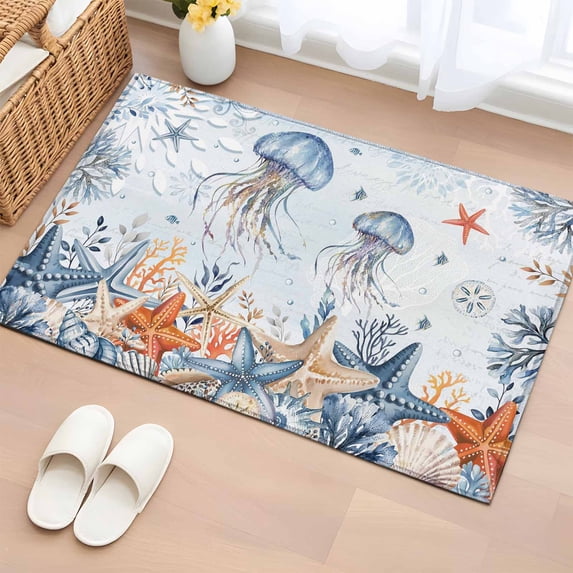 Oceans Marine Life Washable Small Entryway Area Rugs 2'x3', Orange Blue Gradient Jellyfish Starfish Low Pile Throw Rug Non-Slip Sturdy Edge Binding Carpet for Front Door Floor Room Entry