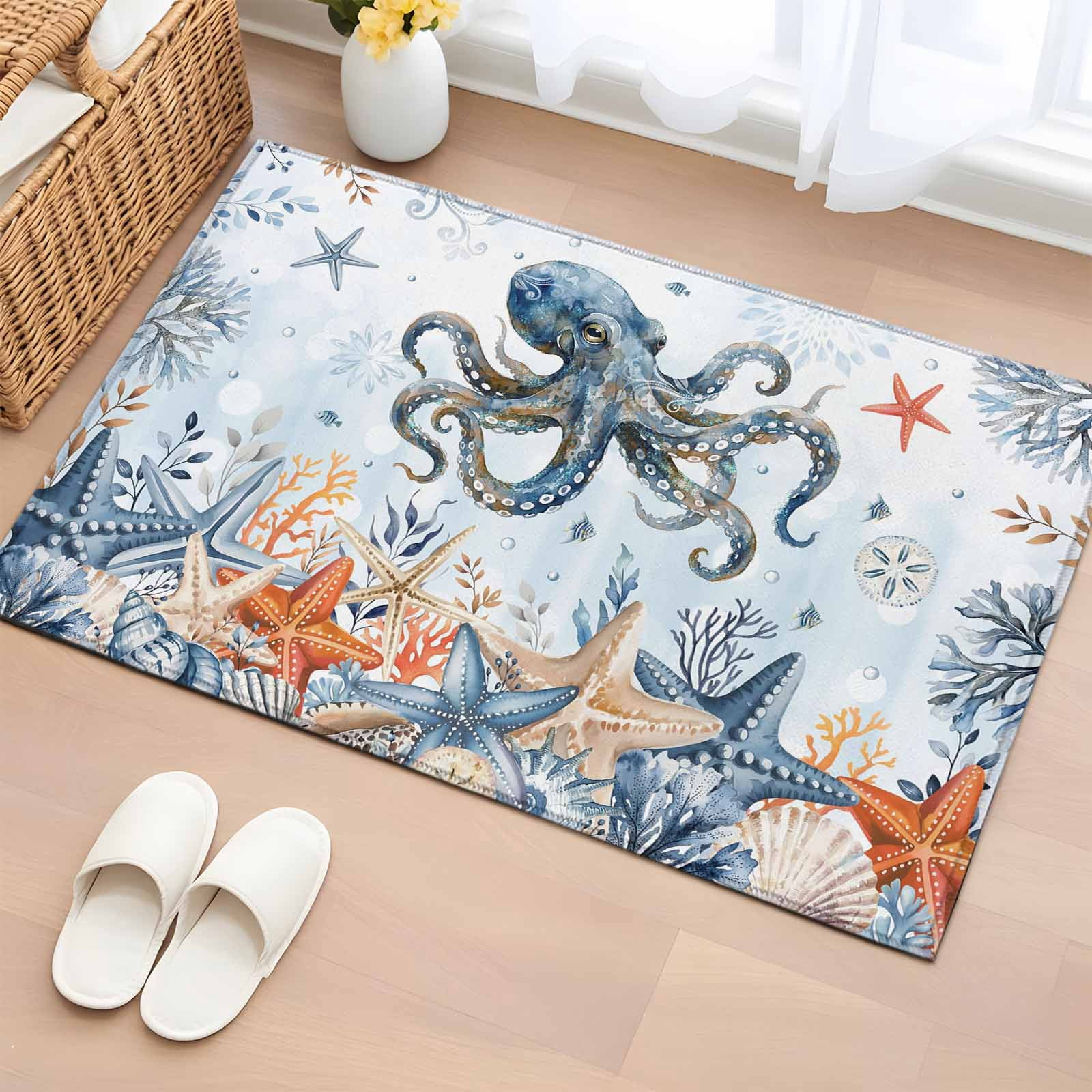 Octopus Channel Rug Oceans Marine Life Washable Small Entryway Area Rugs 2'x3', Orange Blue ...