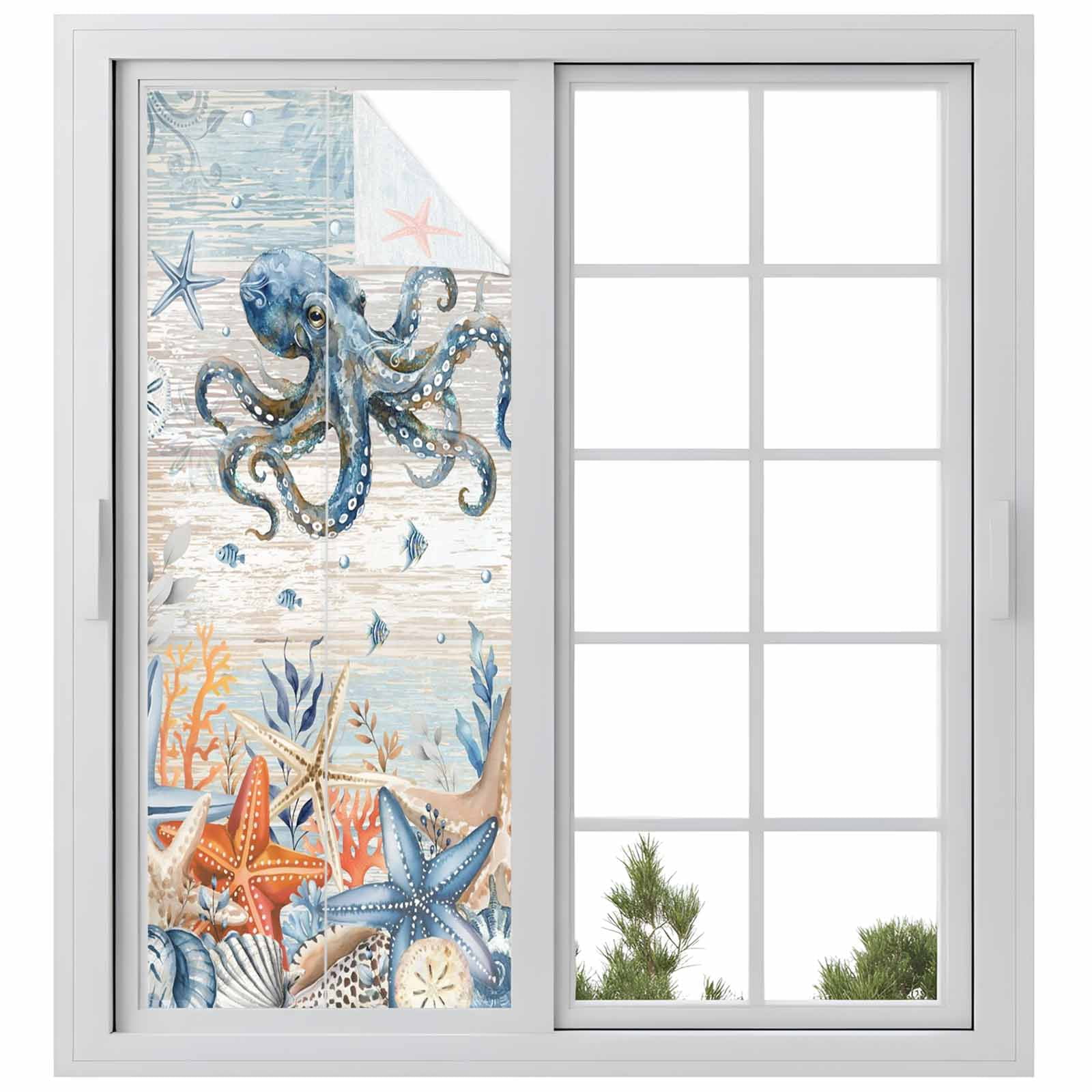 Oceans Marine Life Window Privacy Film, Orange Blue Octopus Starfish Retro Wooden Frosted Glass Window Clings Static Cling UV Heat Blocking Reusable Door Sticker for Bathroom 23.6 x 59 Inch