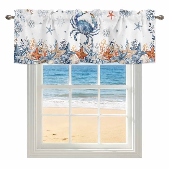 Oceans Marine Life Window Valance for Kitchen, Coastal Orange Blue Crabs Starfish Corals Rod Pocket Short Curtain for Small Windows, Light Filtering Decorative Valance, 42 x 12 Inch