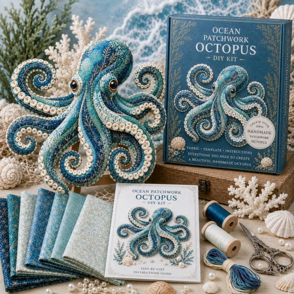 Oceans Patchwork DIY Crafts Kit, Layered Fabric Quilted Stitching Set, Handmade Sewing Supplies for Adults, Nautical Home Decor Wall Hanging 7.87x7.87 Inch