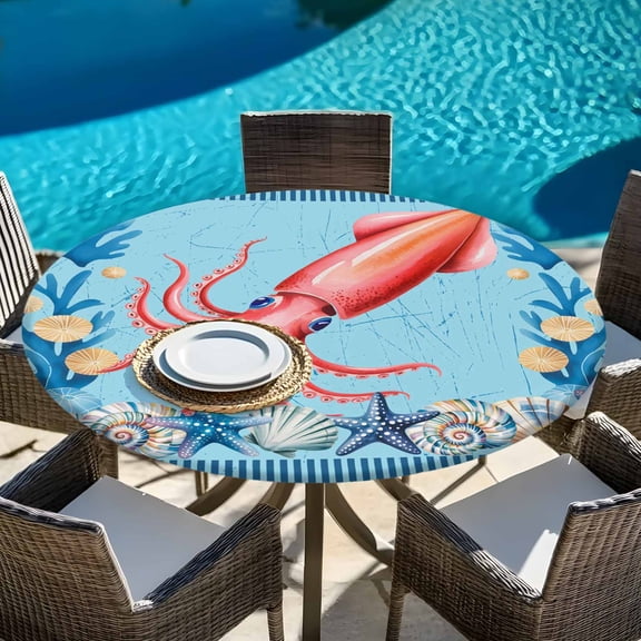 Oceans Red Squid Sea Stars Round Fitted Tablecloth with Elastic Edge,Waterproof Table Cloth Fits Tables Up to 45"-54",Washable Table Cover for Indoor Outdoor Dinning Party,Shells Blue Striped