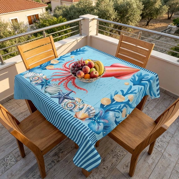 Oceans Red Squid Sea Stars Table Cloth 60x60in, Waterproof Square Tablecloth Wipeable Tablecloths Shells Blue Striped Table Covers for Dining Tables Party Indoor Outdoor