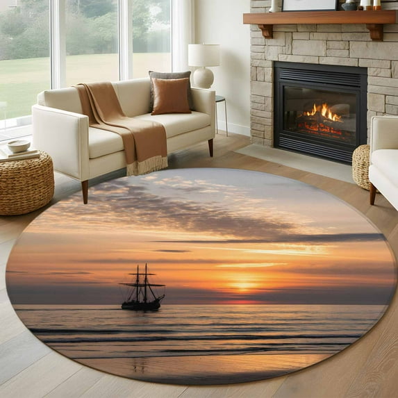 Oceans Sailing Boats Round Living Room Rugs 8 ft, Sunsets Sea Waves Nature Landscape Washable Large Area Rug with Non-Slip Sturdy Edge Binding Round Carpet for Dining Room Kitchen Office