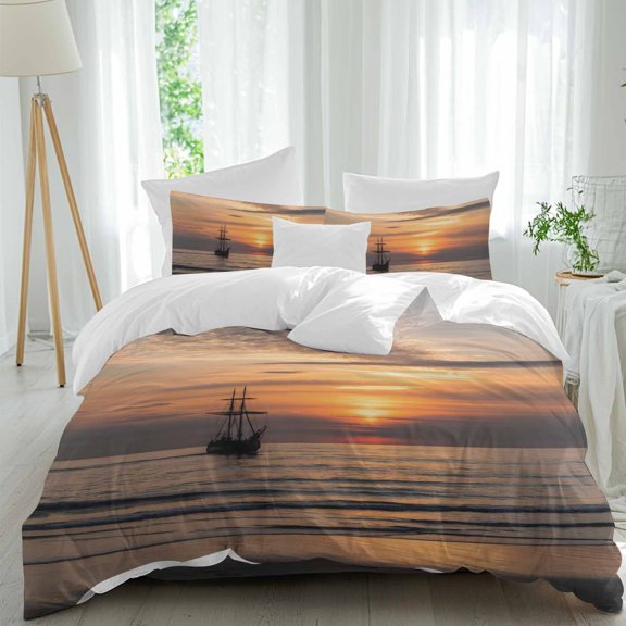 Oceans Sailing Boats Twin Size Comforter Set, Sunsets Sea Waves Nature Landscape Bedding for All Seasons, 4 Pcs Bed Set, 1 Quiltcover (68"x86") ,1Sheet(67"x116"), 2Pillowcases (30"x20")