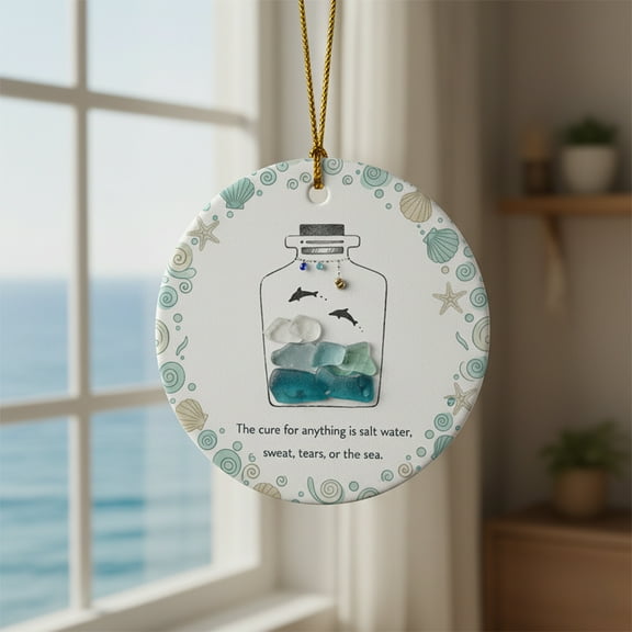 Oceans Saltwater Cure Sea Glass Ornament for Mindfulness & Stress Relief - Genuine Beach Decor for Holiday Christmas Tree - Unique Handcrafted Coastal Keepsake Gift for Home Office Zen Decor