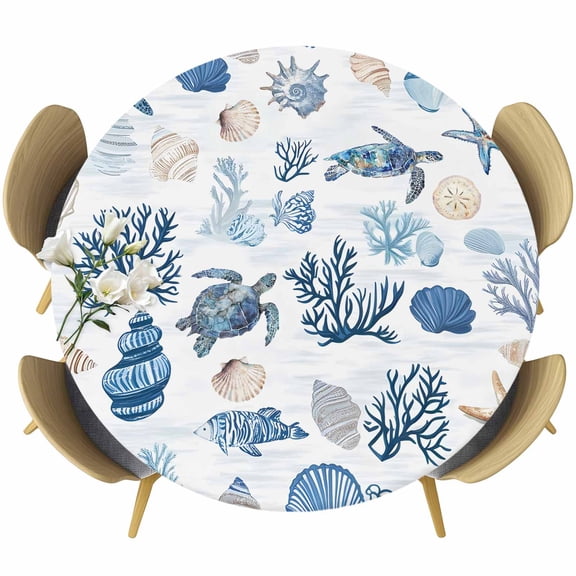 Oceans Sealife Round Fitted Table Cover Sea Turtles Corals Stars Shells Texture Waterproof Table Cloth with Elastic Edge Wipeable Tablecloth for Picnic Camping Party Fits 36"-44" Diameter