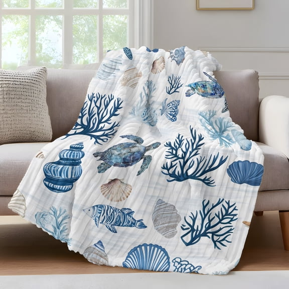 Oceans Sealife Throw Blanket for Couch Sea Turtles Corals Stars Shells Texture Soft and Warm Flannel 3D Striped Fluffy Fuzzy Fleece Blanket Lightweight Throw for Bed, Sofa 30 x 40 Inches