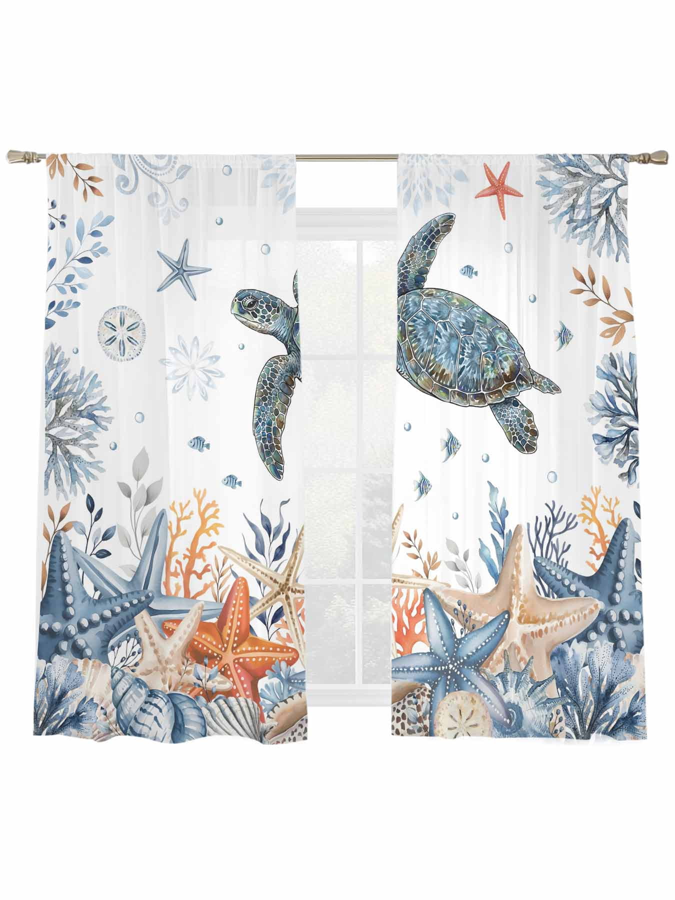 Oceans Sheer Curtains 2 Panels Set Coastal Orange Blue Sea Turtles ...