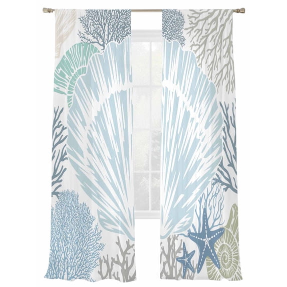 Oceans Shell Sheer Curtains 2 Panels Set Coastal Blue Corals Starfish Abstract Marine Life Sheer Window Curtains Light Filtering Rod Pocket Voile Drapes for Bedroom Living Room 52"X84"